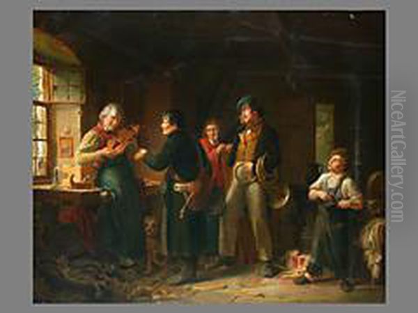 Wandermusikanten Beim Geigenbauer Oil Painting by Johann Peter Hasenclever