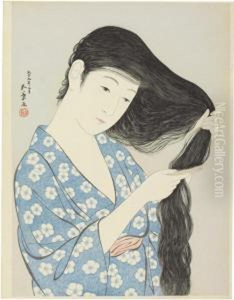 Woman Brushing Her Hair, 1920.3 Oil Painting by Goyo Hashiguchi