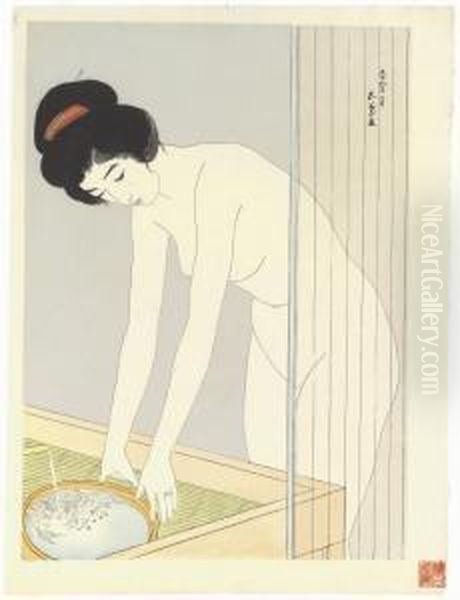 Kao Arau Onna/woman Washing Her Face Oil Painting by Goyo Hashiguchi