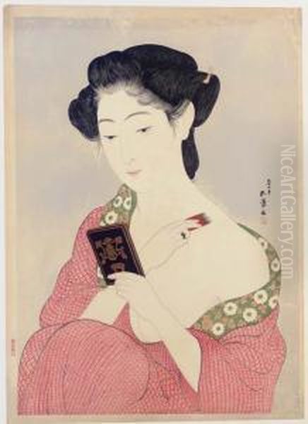 Kesho No Onna (woman Applying Make-up) Oil Painting by Goyo Hashiguchi