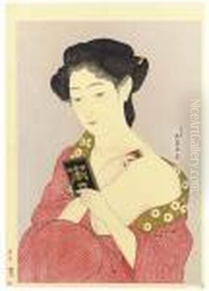 Woman Applying Make-up Oil Painting by Goyo Hashiguchi