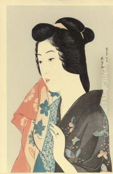 Tenugui Moteru Onna (woman Holding A Towel) Oil Painting by Goyo Hashiguchi