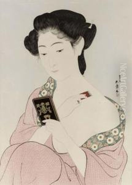 Kesho No Onna (woman Applying Make-up) Oil Painting by Goyo Hashiguchi