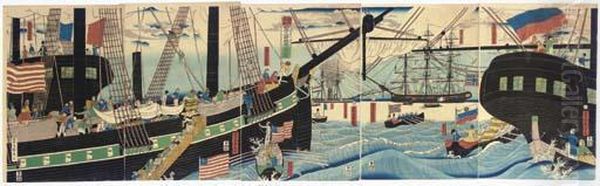 Yokohama Koeki Seiyojin Nimotsu Unso No Zu Oil Painting by Sadahide Hashimoto