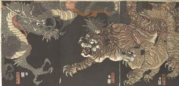 Triptych, Tigers And Dragon Fighting Oil Painting by Sadahide Hashimoto