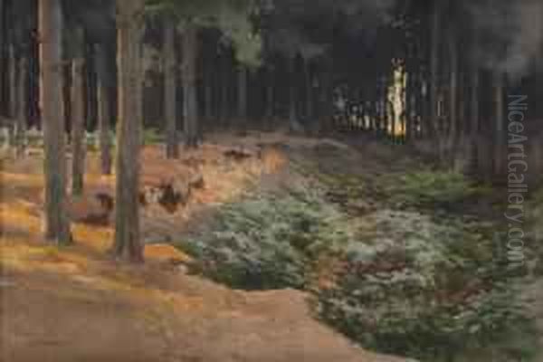 Woodland Pathway With Sunset In The Distance Oil Painting by Ernest William Haslehurst