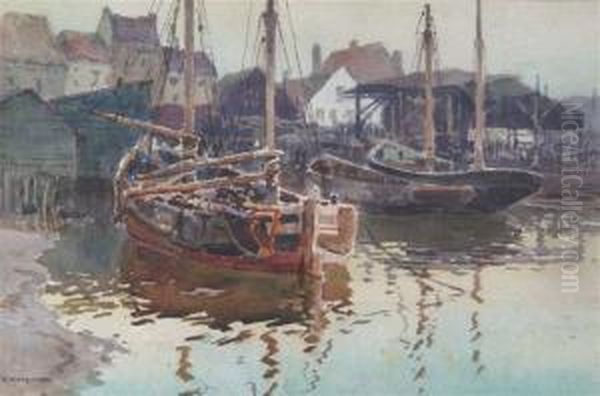 Fishing Vessels Docked At A Harbour Oil Painting by Ernest William Haslehurst