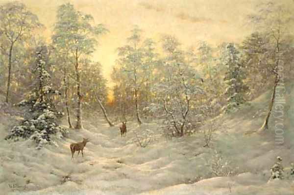 Deer in a snowy landscape at dusk Oil Painting by Ivan Fedorovich Choultse