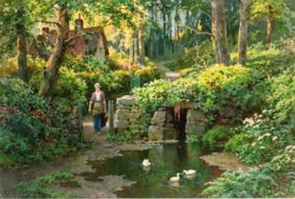 The Wooded Track; And A Young Girl Beside A Duck Pond Oil Painting by Ernest William Haslehurst