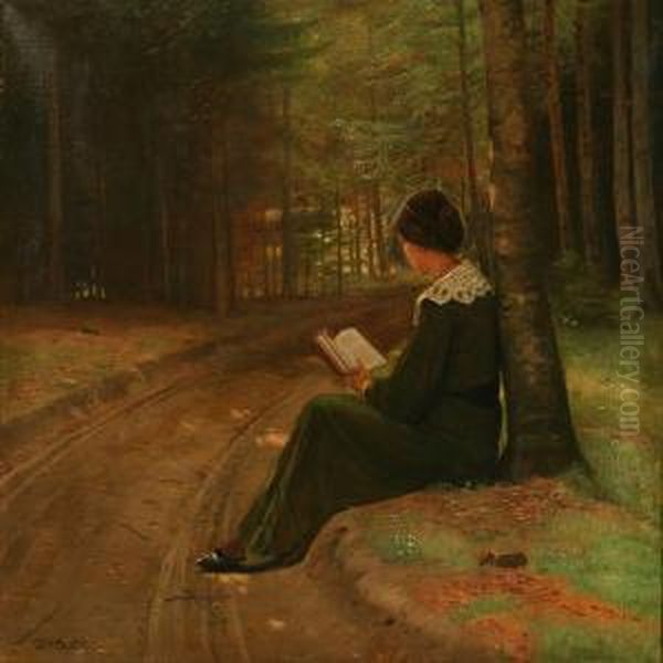 A Woman Reading In A Forest Oil Painting by Otto Haslund