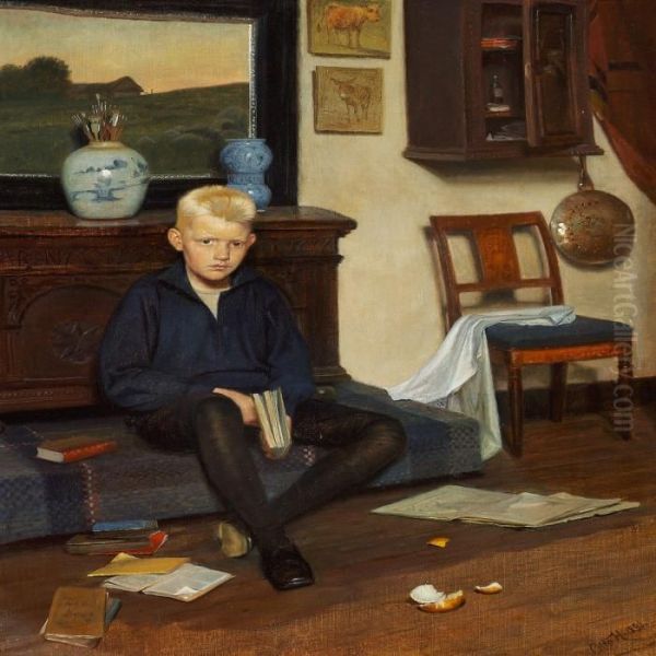 A Boy Reading Oil Painting by Otto Haslund