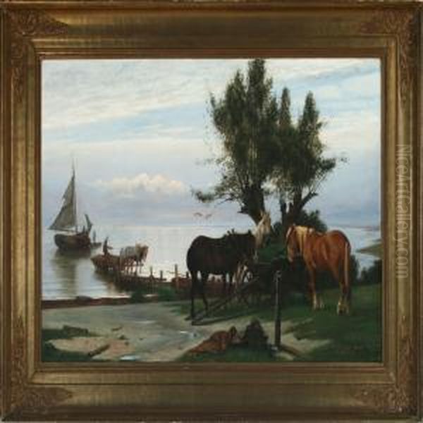 En Holdeplads Ved Stranden Oil Painting by Otto Haslund