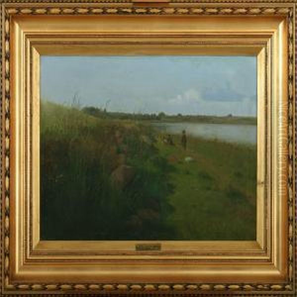 Costal Scenery Withpersons Oil Painting by Otto Haslund