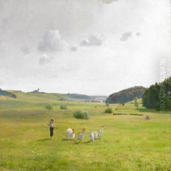 Boy Herding Geese In The Elbo Valley, Vejle Oil Painting by Otto Haslund