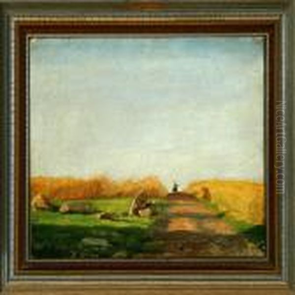 Yellow Fields With A Horseman On The Village Road Oil Painting by Otto Haslund