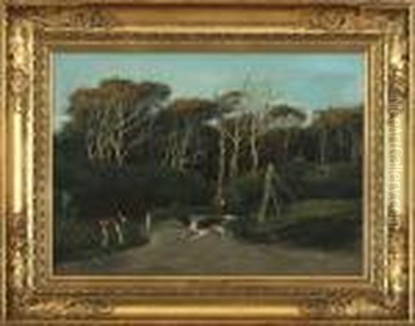 Forest Road With Herd Boy And Dog Oil Painting by Otto Haslund