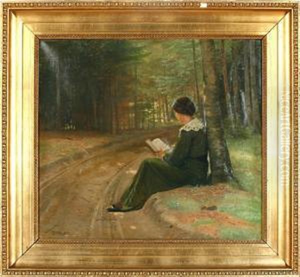 A Reading Girl By A Forest Road Oil Painting by Otto Haslund