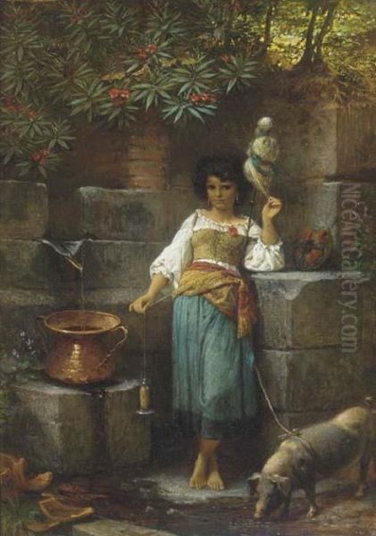 Spinning At The Spring Oil Painting by Johann Heinrich Hasselhorst