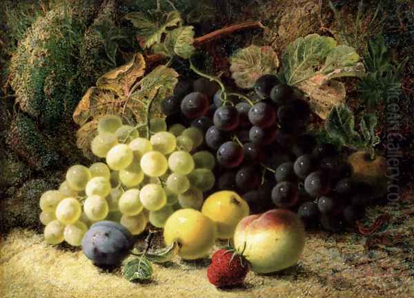 Grapes, Apples, A Plum, A Peach And A Strawberry, On A Mossy Bank Oil Painting by Oliver Clare