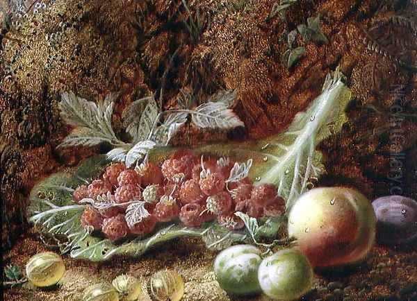 Still life of raspberries, gooseberries, peach and plums on a mossy bank Oil Painting by Oliver Clare