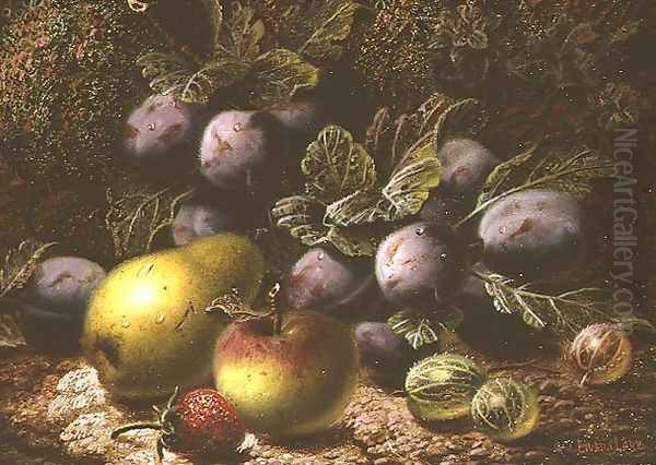 Still Life with Plums, Gooseberries, Apple, Pear and Strawberry Oil Painting by Oliver Clare