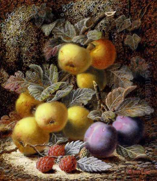 Still Life with Apples, Plums and Raspberries on a Mossy Bank Oil Painting by Oliver Clare