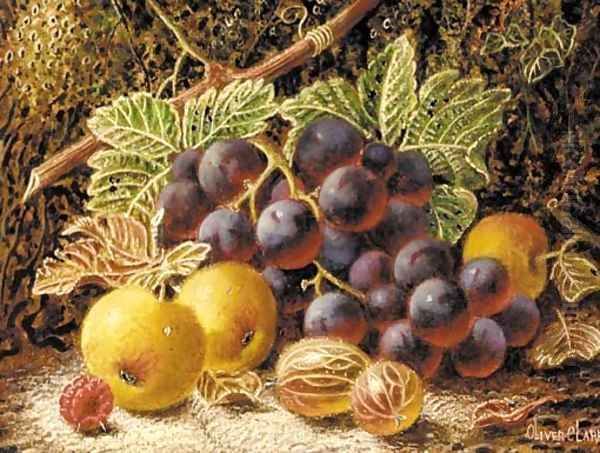 Grapes, apples, gooseberries and a raspberry on a mossy bank Oil Painting by Oliver Clare