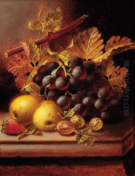 Grapes, apples, gooseberries, and a strawberry on a ledge Oil Painting by Oliver Clare