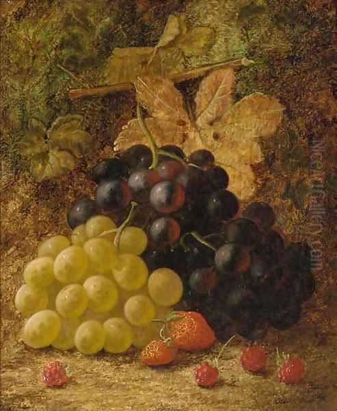 Grapes, raspberries, and strawberries, on a mossy bank Oil Painting by Oliver Clare