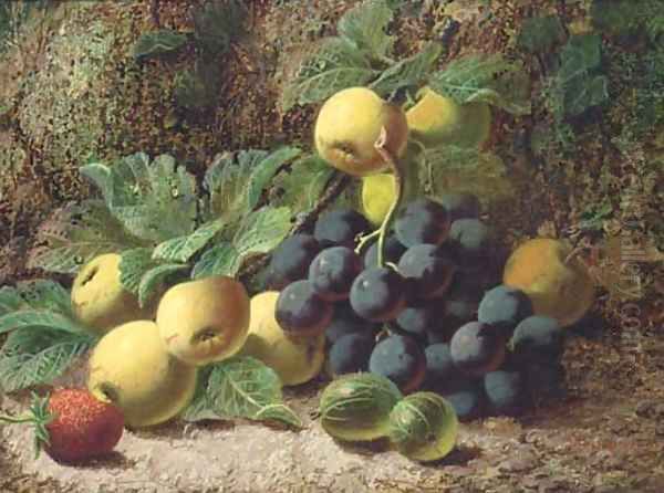 Still life of grapes, apples, gooseberries and a strawberry Oil Painting by Oliver Clare