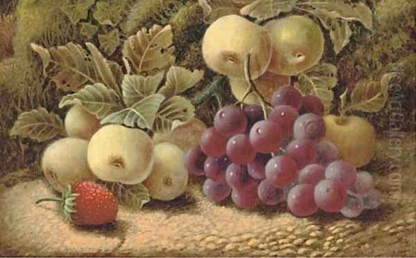 Apples, grapes and a strawberry, on a mossy bank Oil Painting by Oliver Clare