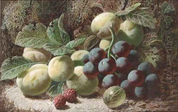 Grapes, greengages, raspberries, and a gooseberry, on a mossy bank Oil Painting by Oliver Clare