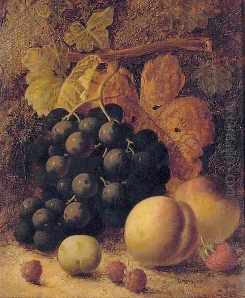 Grapes, peaches, raspberries, a greengage and a strawberry, on a mossy bank Oil Painting by Oliver Clare