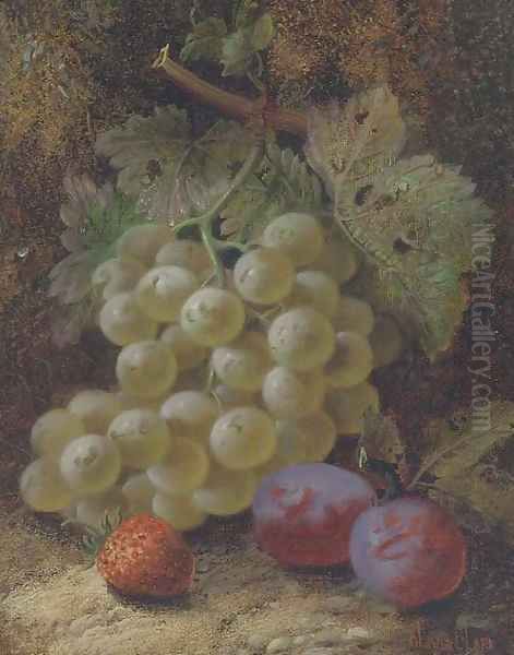 Grapes, plums and a strawberry on a mossy bank Oil Painting by Oliver Clare