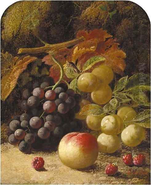 Greengages, grapes, raspberries and a peach, on a mossy bank Oil Painting by Oliver Clare