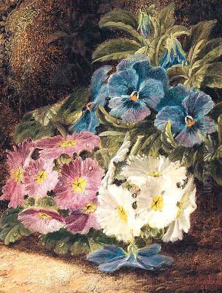 Pansies and Primulas, on a mossy Bank Oil Painting by Oliver Clare