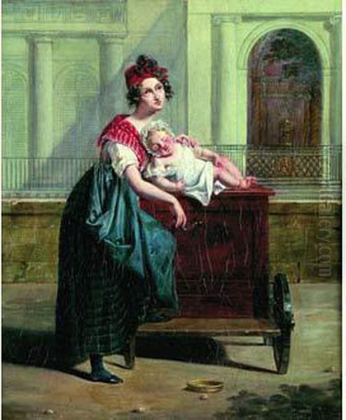 Une Joueuse D'orgue De Barbarie Oil Painting by Antoinette Cecile Hortense Lescot Haudebourt