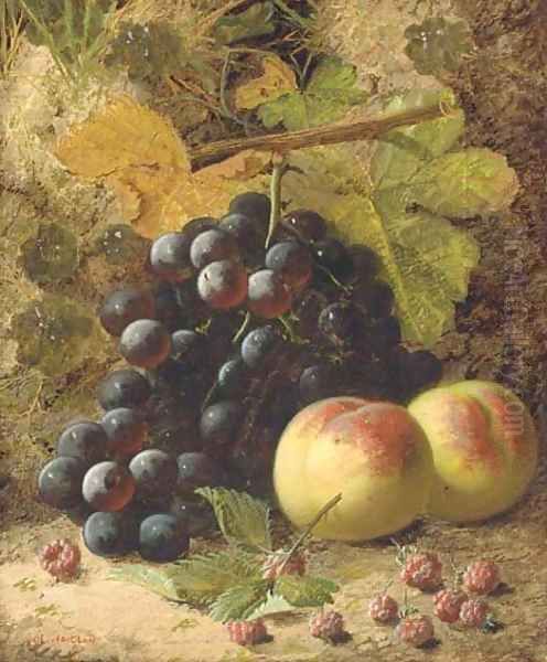 Peaches, grapes and raspberries on a mossy bank Oil Painting by Oliver Clare