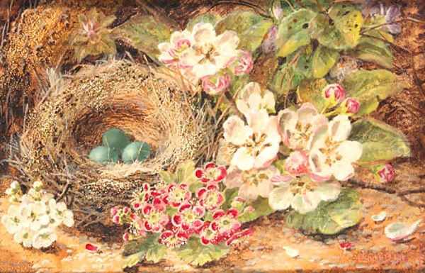 Apple Blossom, Primulas, a Bird's Nest with Eggs, on a mossy Bank Oil Painting by Oliver Clare