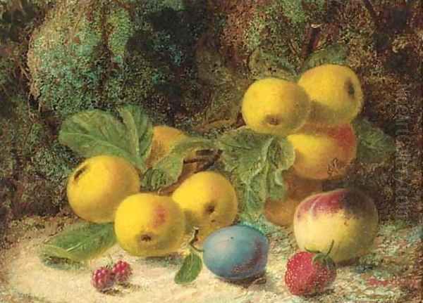 Apples, a peach, a plum and a strawberry, on a mossy bank Oil Painting by Oliver Clare