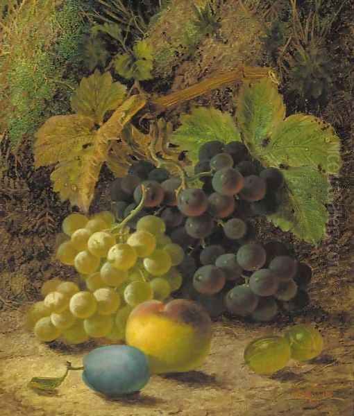 Grapes, gooseberries, a plum and a peach on a mossy bank Oil Painting by Oliver Clare