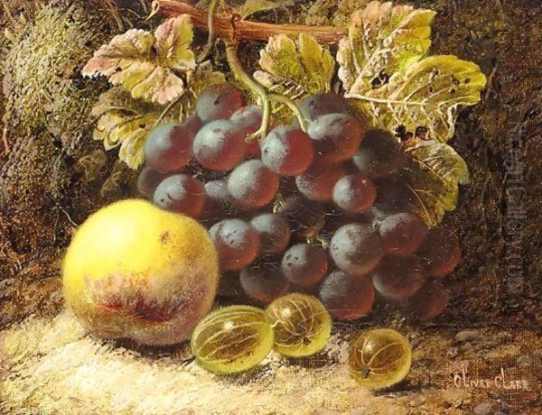 Grapes, gooseberries, and an apple, on a mossy bank Oil Painting by Oliver Clare