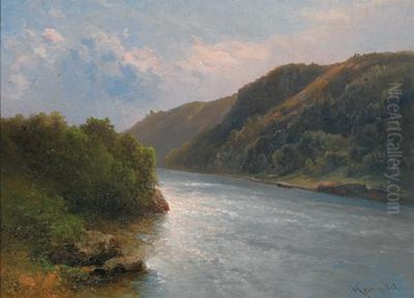 View Of The River Inn Near Scharding Oil Painting by Karl Franz Emanuel Haunold