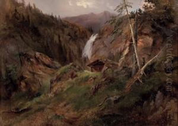 Wasserfall Mit Berghutte Oil Painting by Karl Franz Emanuel Haunold