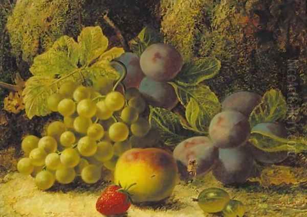 Grapes, plums, gooseberries, a peach, and a strawberry on a mossy bank Oil Painting by Oliver Clare