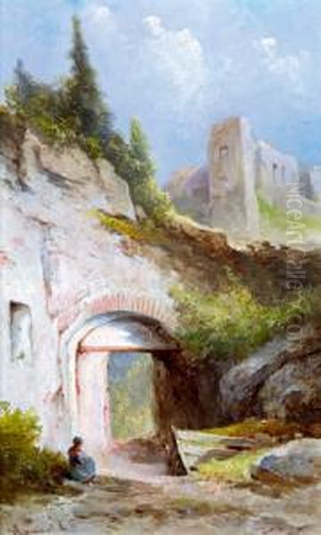 Eingang In Die Ruine Klamm Am Semmering Oil Painting by Karl Franz Emanuel Haunold