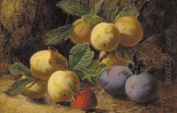 Plums and a strawberry on a mossy bank Oil Painting by Oliver Clare