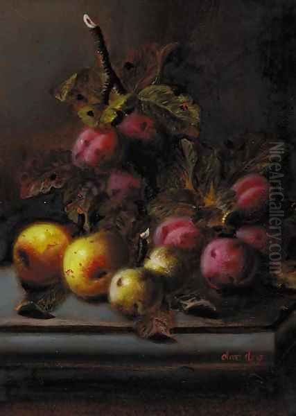 Plums and apples on a ledge Oil Painting by Oliver Clare