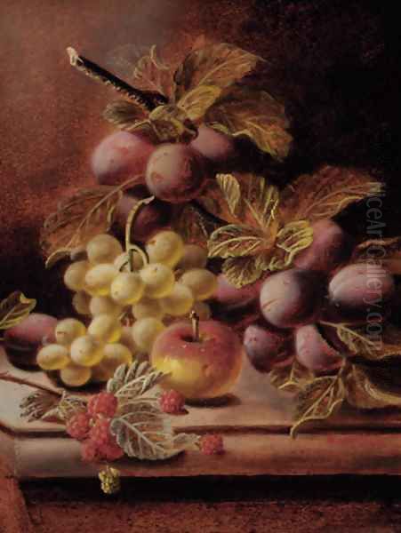 Plums, raspberries, grapes, and an apple on a ledge Oil Painting by Oliver Clare