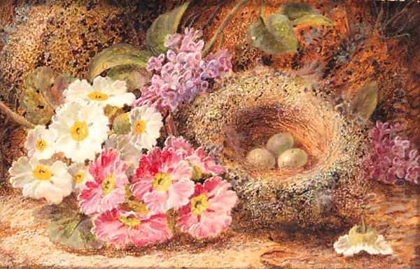 Primroses, Primulas, a Bird's Nest with Eggs, on a mossy Bank Oil Painting by Oliver Clare